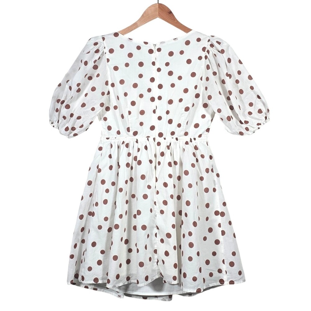 Abercrombie & Fitch Cinch front Mini Dress Size Small White Brown Polka Dot - Picture 3 of 8